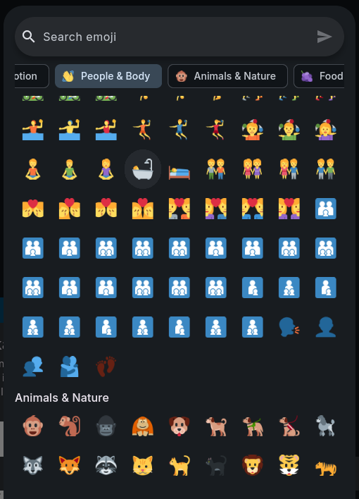 A screenshot of the emoji picker, showing a searchbar, category selection, and two categories of emojis