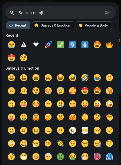 A screenshot of the emoji picker, showing a searchbar, category selection, and two categories of emojis