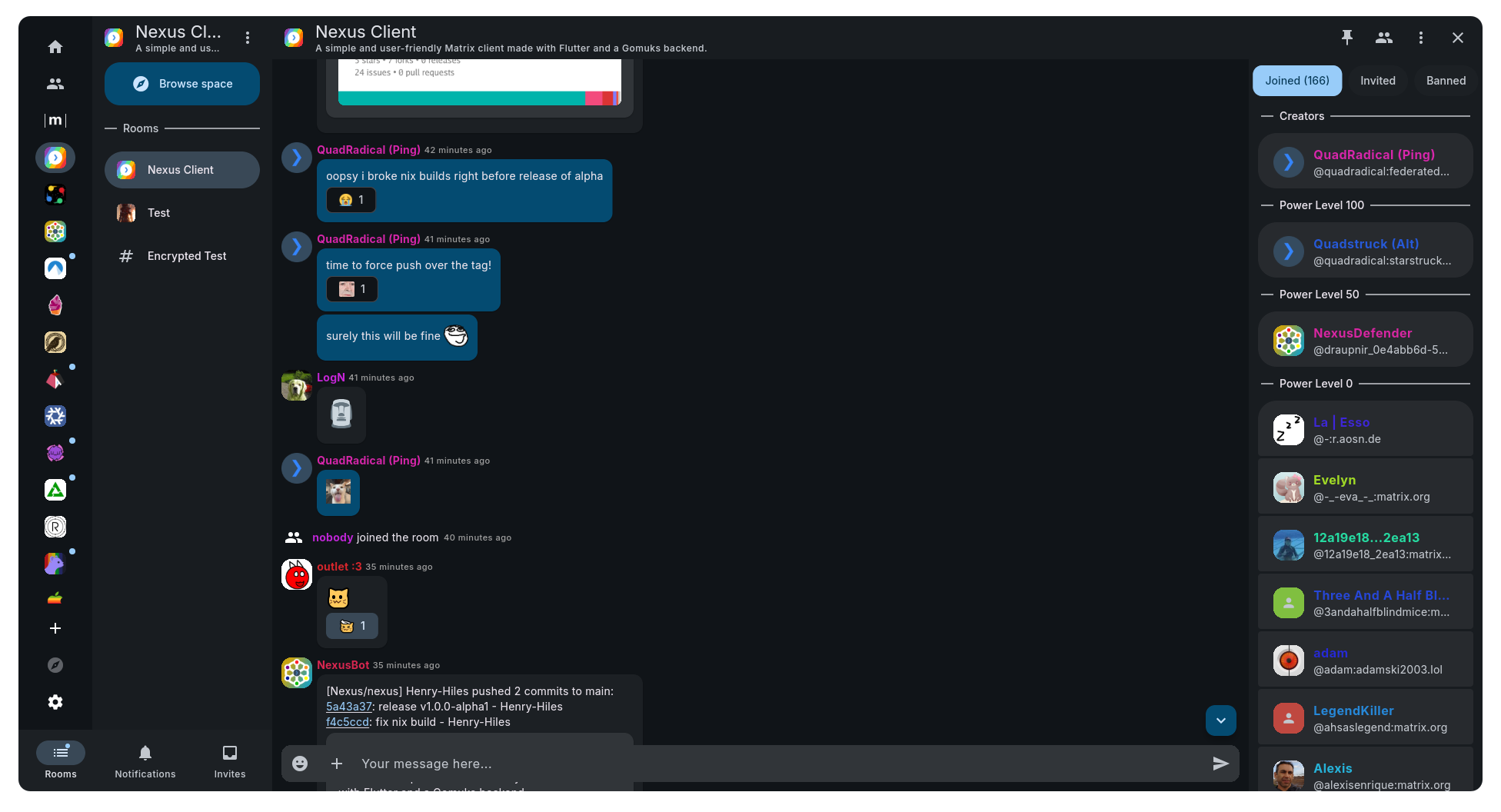 Screenshot of Nexus Client in dark mode, showing users talking, with a sidebar showing rooms and spaces, and another sidebar showing members