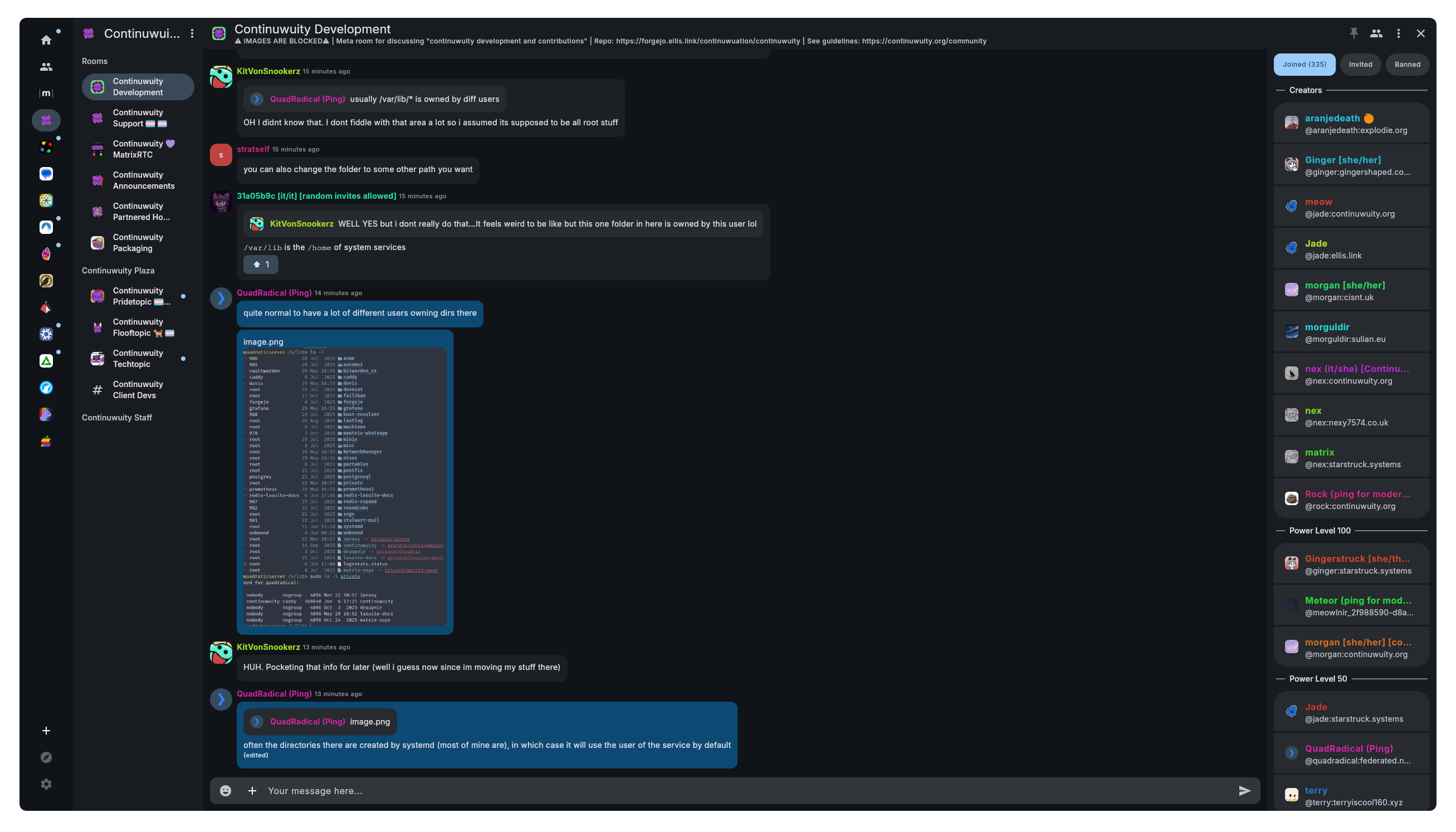 Screenshot of Nexus Client in dark mode, showing users talking, with a sidebar showing rooms and spaces, and another sidebar showing members