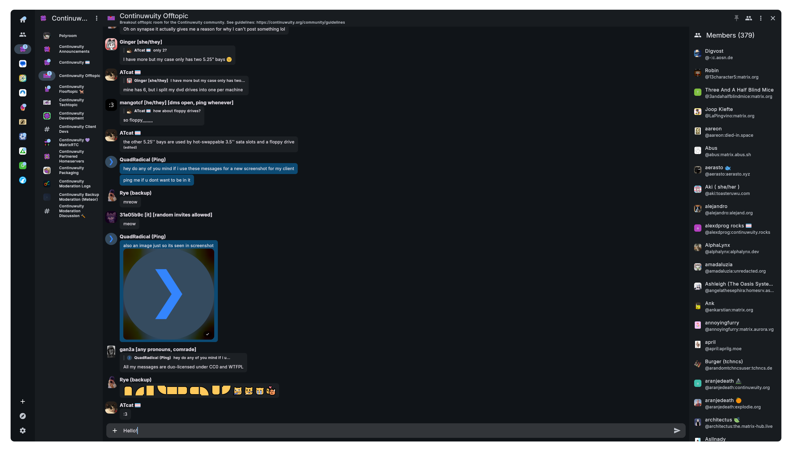 Screenshot of Nexus Client in dark mode, showing users talking, with a sidebar showing rooms and spaces, and another sidebar showing members